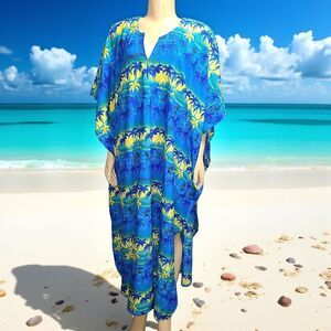 Vtg Caribbean Kaftan MuMu Beach House Dress Shift Swimsuit Cover Up Blue